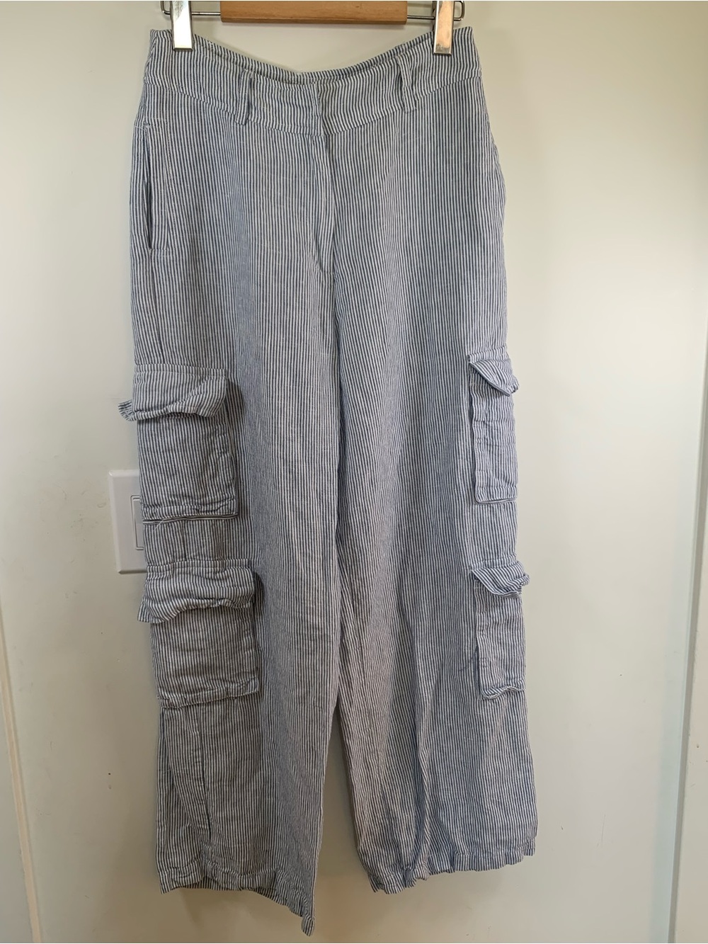 100% Linen Blue White Strip wide leg Pants coastal nautical cargo pockets small